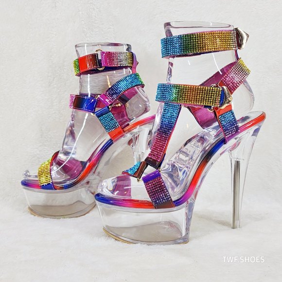 Bulls Rainbow Rhinestone Harness Strap Clear Platform Heels - Picture 5 of 16